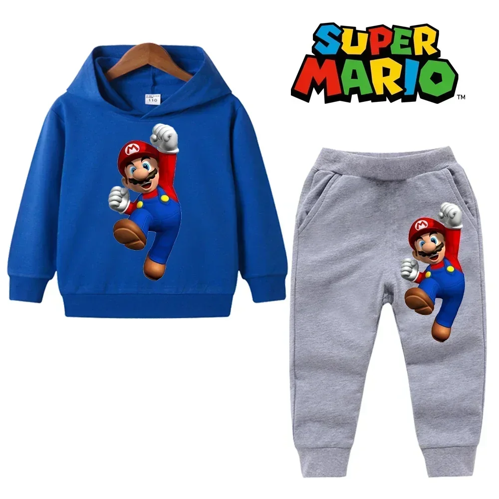 Super Mario Bros Boy Girl Hoodie Suit Spring Autumn Kids Hooded Sportswear Setspants Boys Pokemon Clothes 2-14 Years Children's