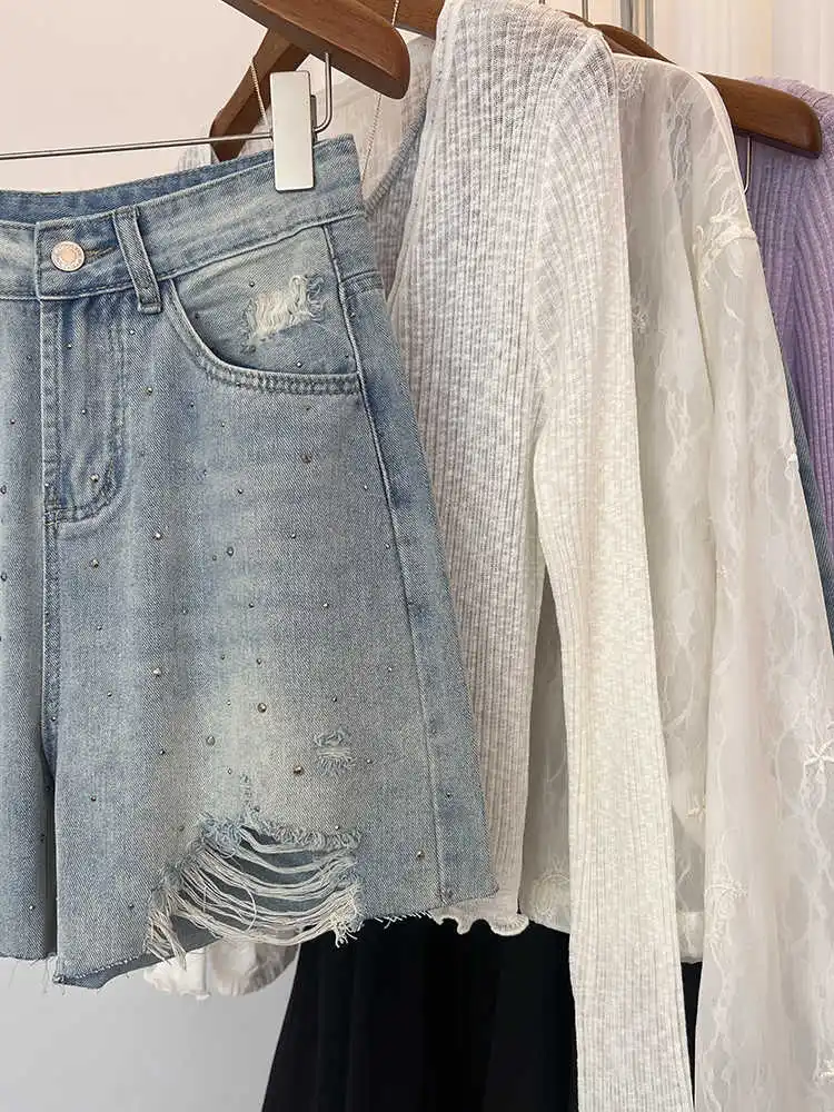 女性ラインストーンデニムショーツ夏ハイウエストジッパー光沢のあるブルーショーツアメリカンカジュアルファッション女性リッピングショートジーンズ