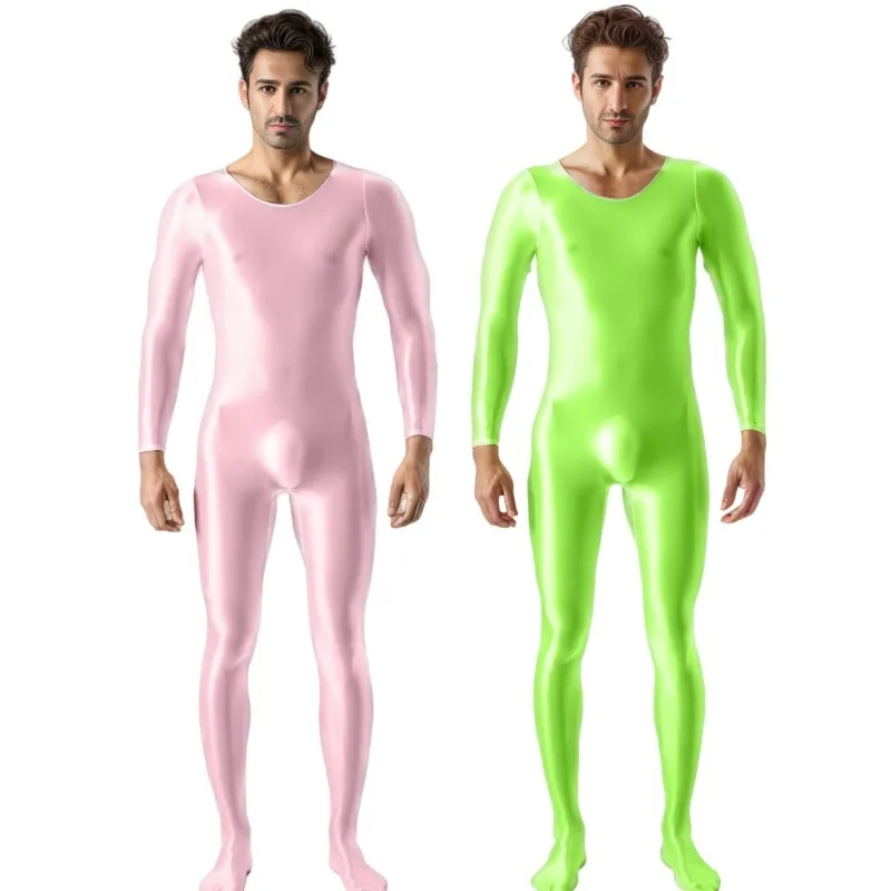 

Мужские масляные глянцевые чулки для тела, полный боди, комбинезон с длинными рукавами, эластичный прозрачный шелковистый комбинезон для клубных вечеринок, комбинезон для тренировок