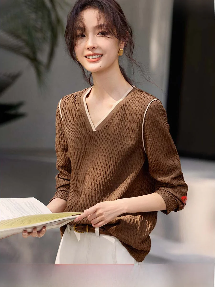 

XWI текстура контрастного цвета Blo V-Ne женская футболка осенний новый утягивающий топ модный универсальный прямой крой