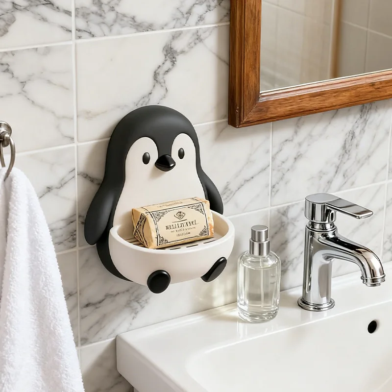 Penguin Soap Holder Punch‑Free Wall Mounted Soap Dish with Drainage Creative Bathroom Soap Storage Rack for Household Toilet Use