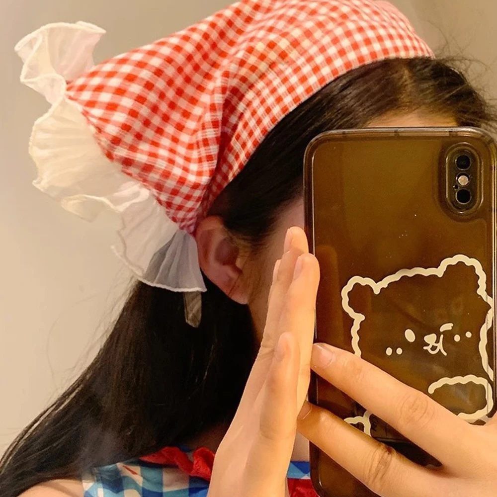 Fungus Edge Lace Triangle Headband Korean Bandanas Hair Accessories Sweet Blue Check Sunscreen Headwrap Fashion Hair Hoop Summer