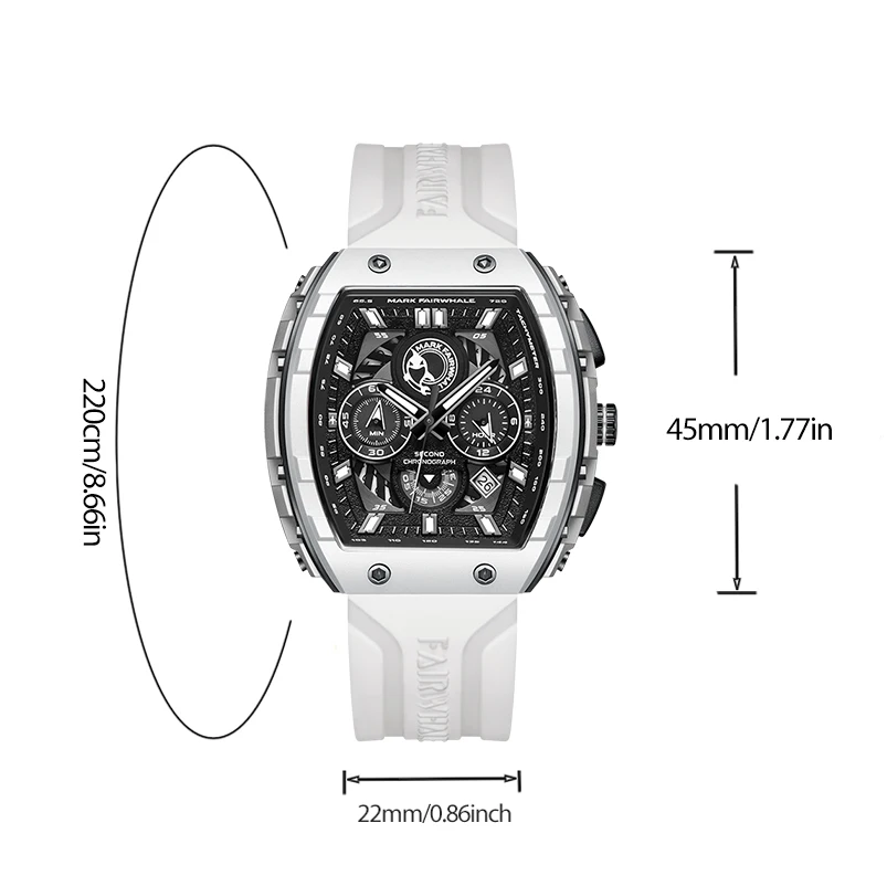 Moda reloj blanco para hombres Correa deportiva de silicona buceadora reloj de cuarzo luminoso tonneau forma carcasa de resina reloj multifuncional