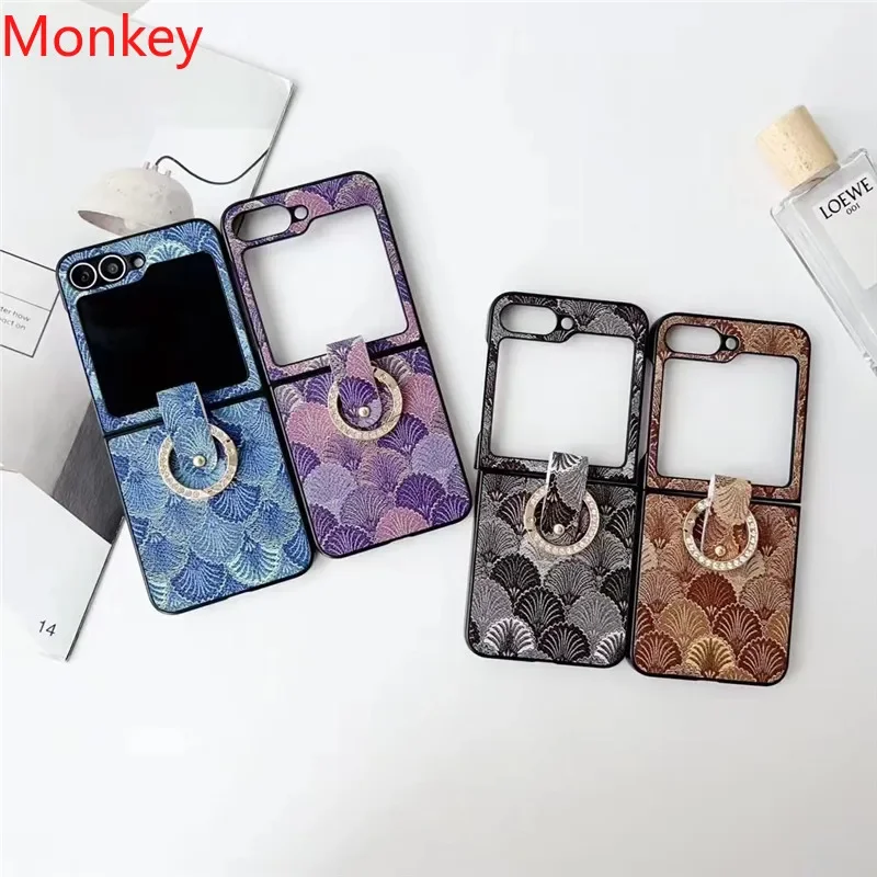 Fashion Conch Shell Leather Cases For Samsung Galaxy Z Flip 6 5 3 4 Diamond Ring Holder Shockproof Flip6 Flip5 Flip4 Hard Cover