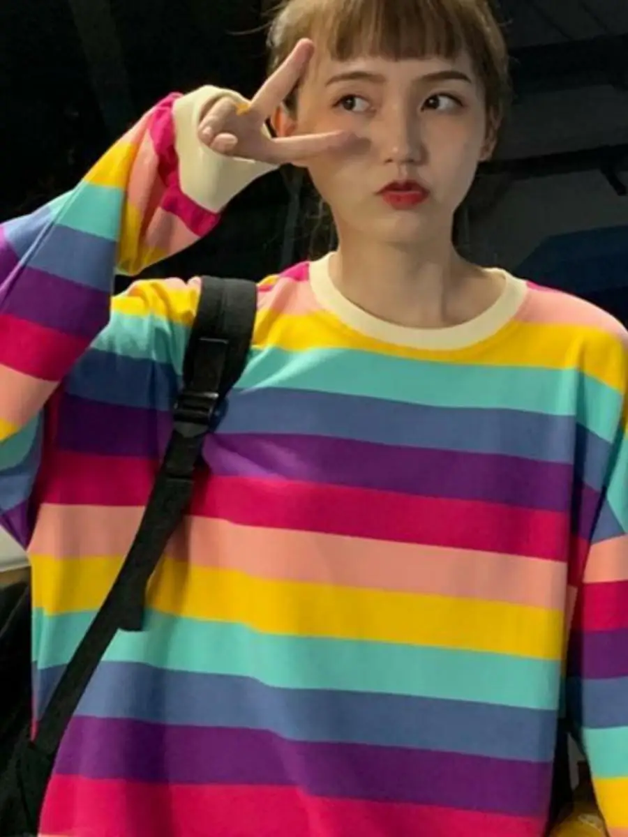 

Длинная футболка в радужную полоску, свободная тонкая женская футболка, осенний модный топ в стиле Харадзюку, удобный дизайн для поездок на работу