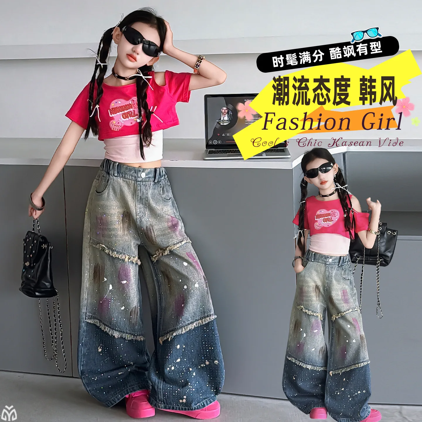 Girls' Vintage Hip Hop Ripped Graffiti Denim Pants American-Style Summer Streetwear Trendy Tie-Design Loose Wide-Leg Jeans