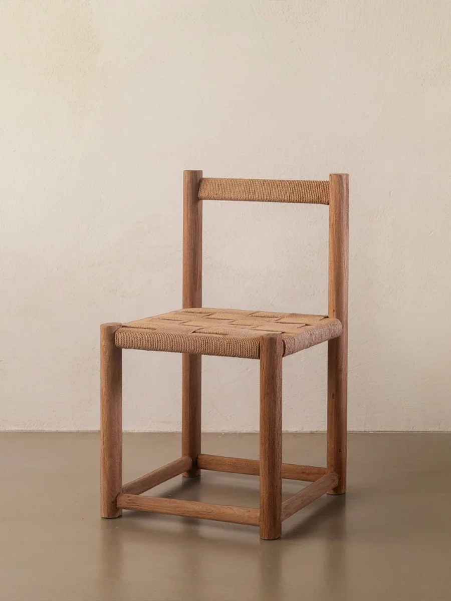 Retro solid wood stool wabi wind shoe changing stool simple modern rope knitting dressing backrest makeup