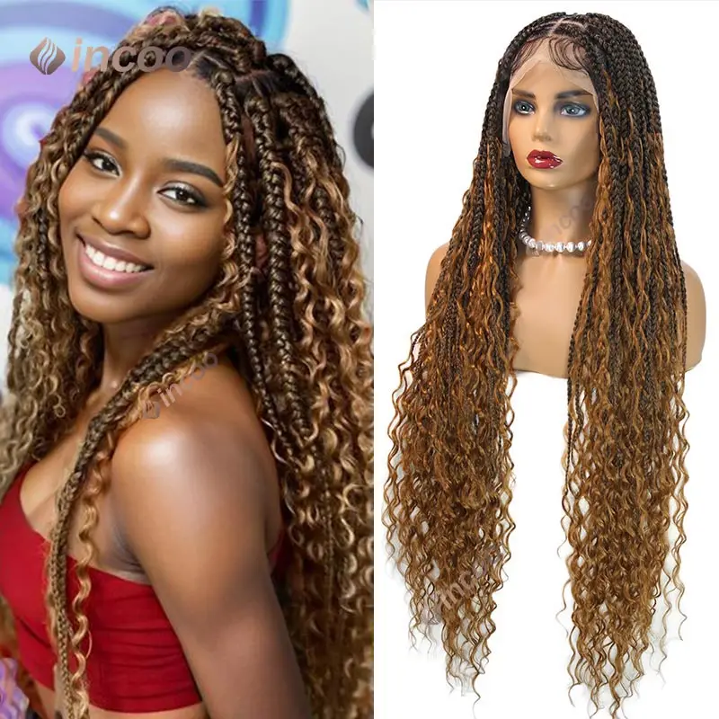 36inch Synthetic Boho Knotless Braided Wigs for Black Women 1B-27 Bohemian Box Braids Wigs Full Lace Frontal Braided Lace Wigs