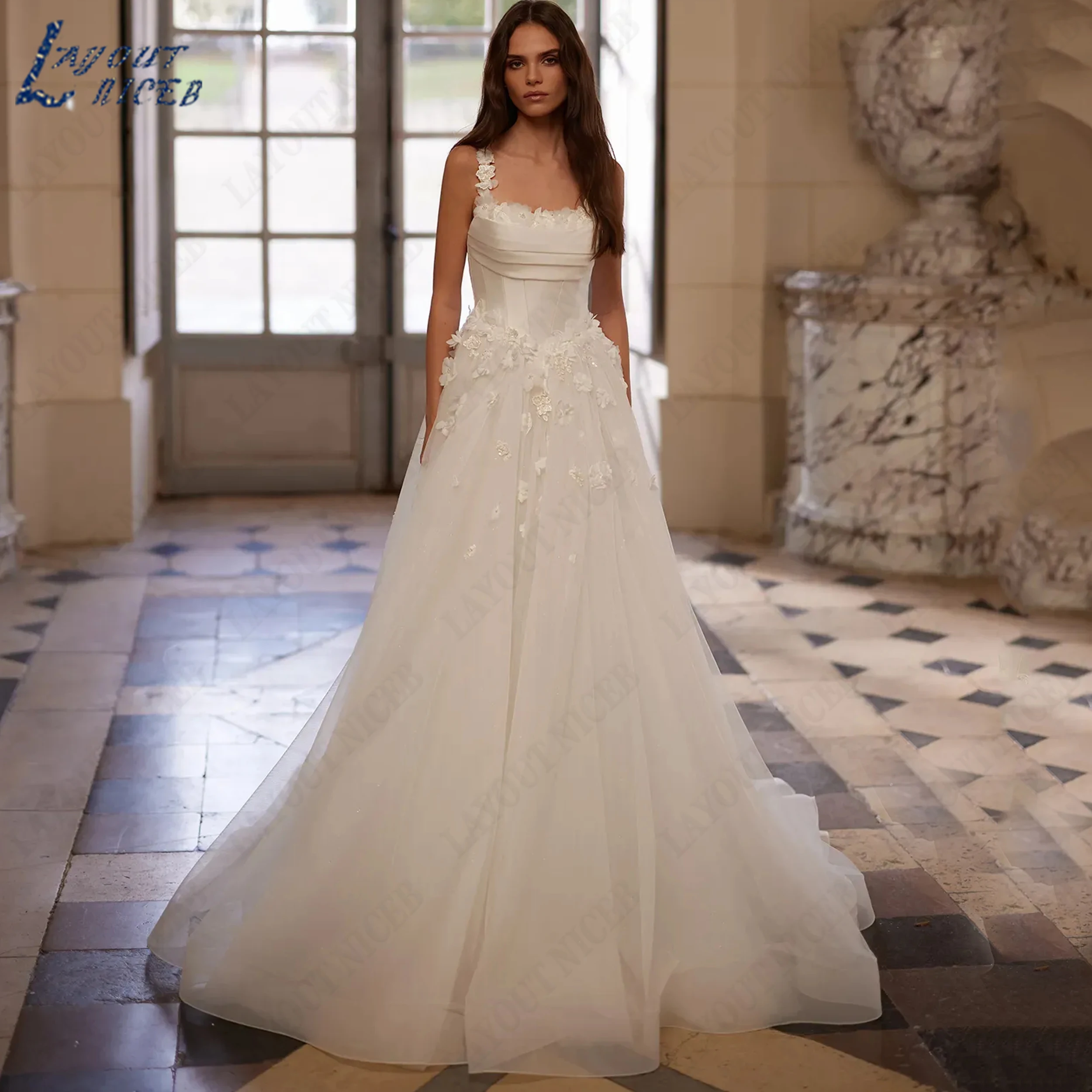 LAYOUT NICEB Customized Spaghetti Straps Tulle Wedding Dress Square Neck Elegant Bridal Gown A‑Line Applique Bride Dresses