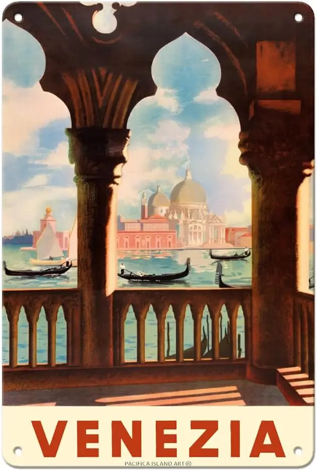 Venezia (Venice) Italy - Gondolas on Grand Canal - St. Mark's Basilica (Basilica di San Marco) - Vintage Travel Poster c.193