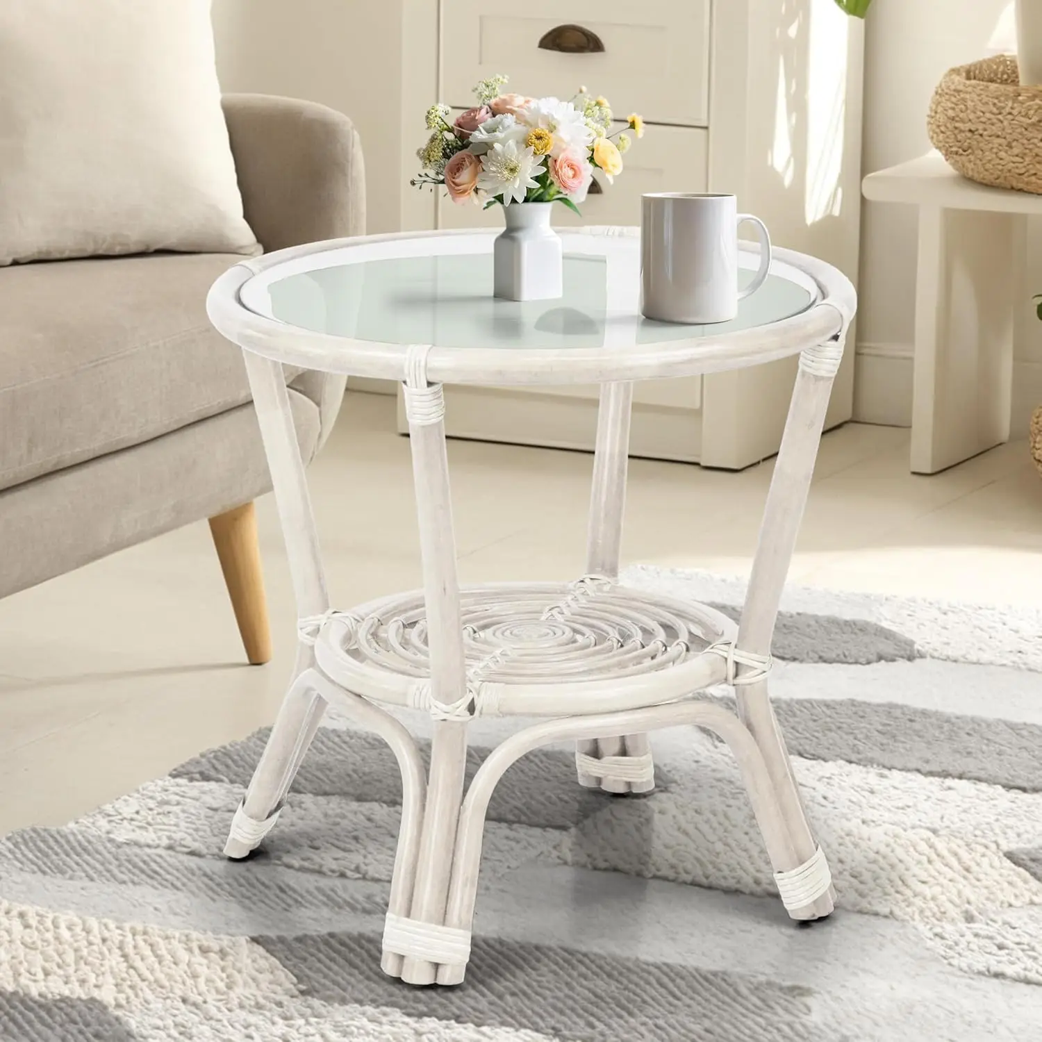 

Round Rattan Coffee Table with Glass Top, White, Patio Indoor Use, Customized