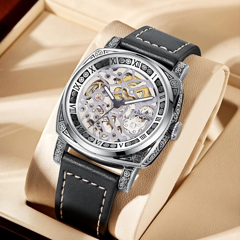 Stainless Steel Dual Skeleton Vintage Carved Luminous Waterproof Precision Leather Strap Self-Wind Automatic Watch for Men