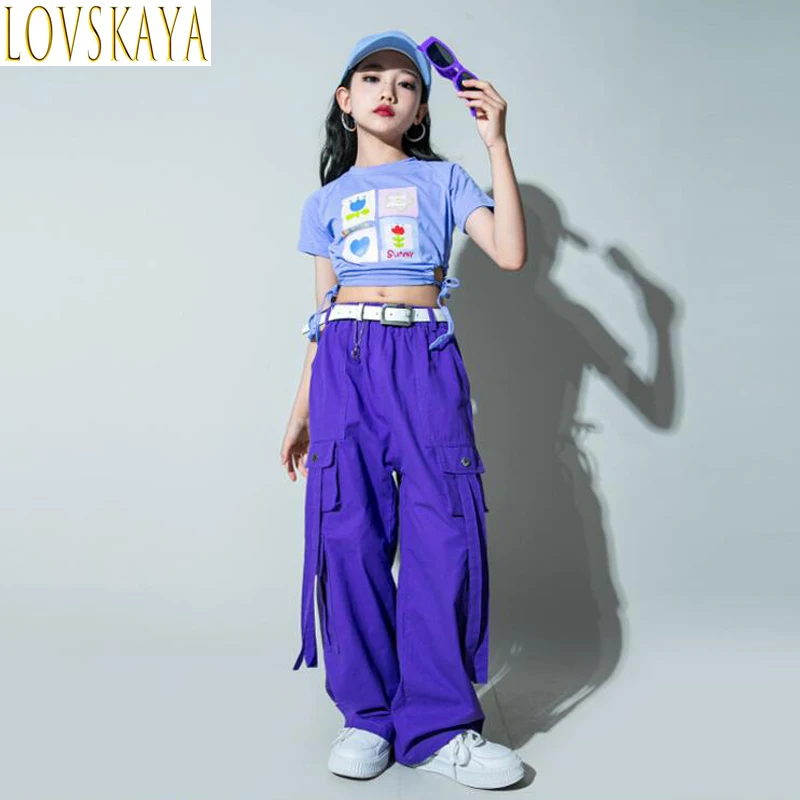 Girls street jazz clothing cut vest V shirt purple hip-hop jogging pants youth show dance clothing children's clothing