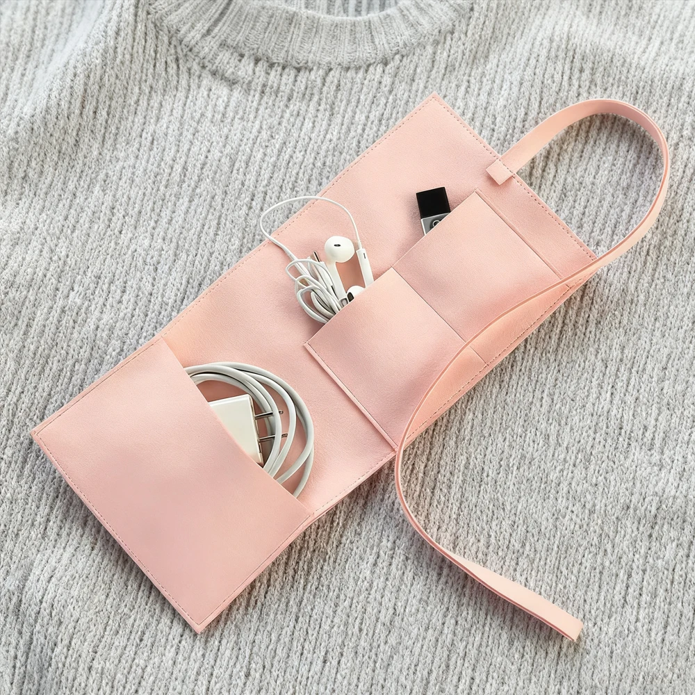 

Pink Travel Cable Storage Multi-Function Jewelry Gift Bag Gadget Organizer Microfiber Roll Up Pouch Hard Drive Earphone Charger