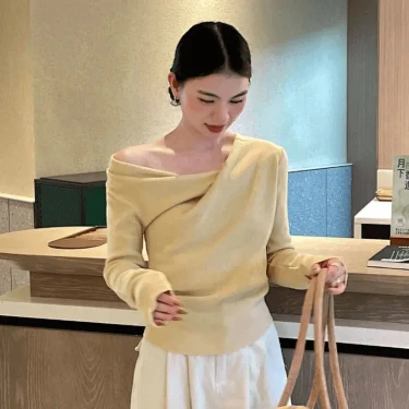 Womens Korean Off Shoulder Twist Knit Sweater Autumn Winter Soft Lazy Long Sleeve Slim Top