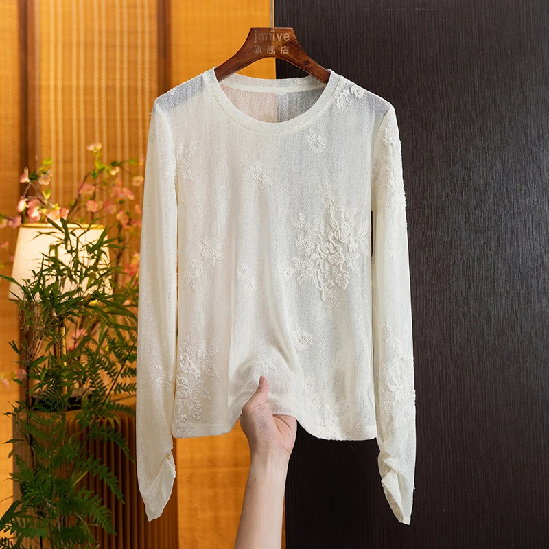 New Chinese-Style Versatile Casual Embroidered Round-Neck Blouse for Women, 2026 Autumn New Product, National Style Slim-Fit Top