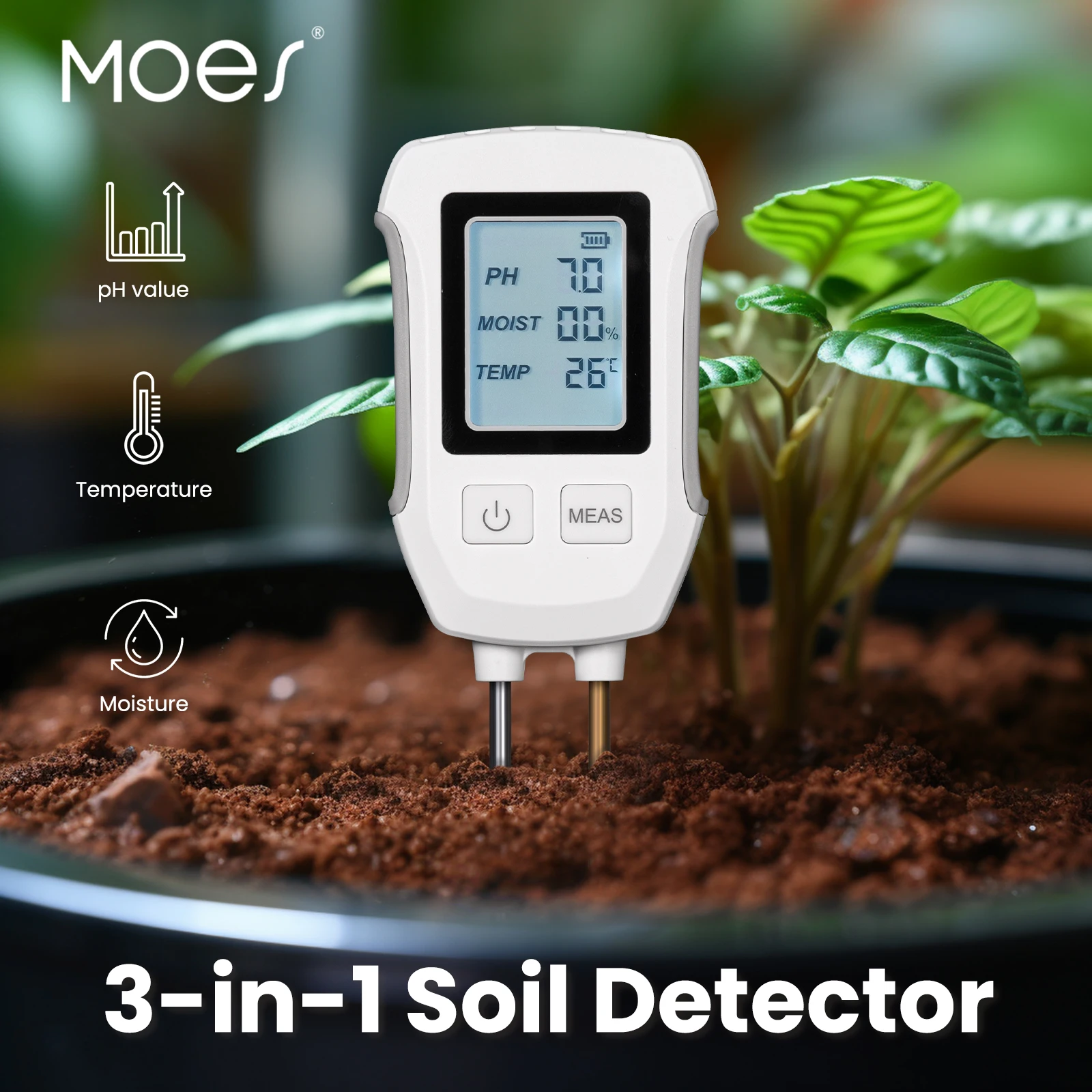 MOES 3 in 1 Soil PH Detector Tester LCD Screen Thermometer Temperature Moisture Meter For Gardening Flower Potted Plantation