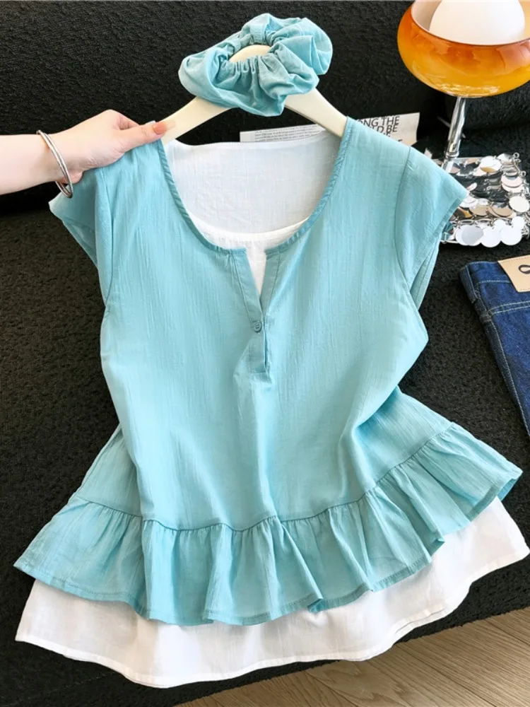 

Lake Blue round Neck Sleeveless Doll Shirt Women Summer 2026 Unique Design Sensation Youthful Lace Skirt Hemline Casual Shirt