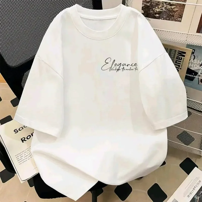 Cotton Heavyweight Short Sleeved Hand Drawn Cartoon Top T-shirt Loose Summer Round Neck New Trendy