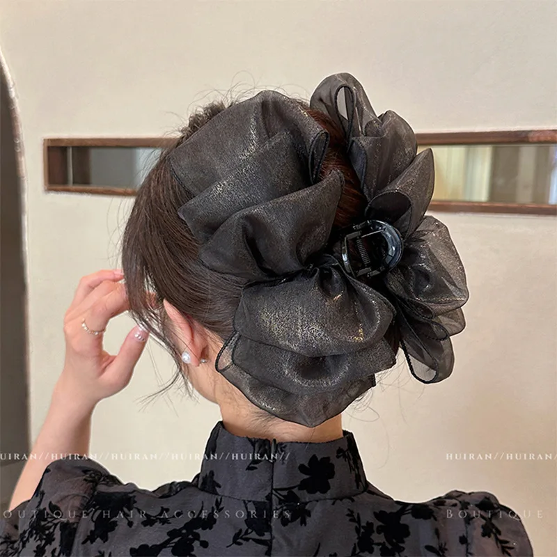 2023 New Large Chiffon Claw Clip Hair Bow Large Size Black Fabric Ribbon Bow Hair Clip Jaw Clamps Clips Accessories for Women