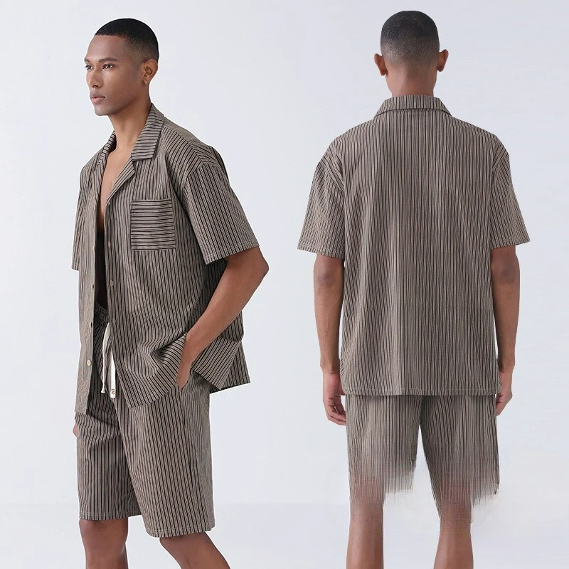 Pajamas Men's Summer Short-sleeved Cardigan Pure Cotton Striped Can Be Worn Outside Loungewear Suit Temperament Fashionable