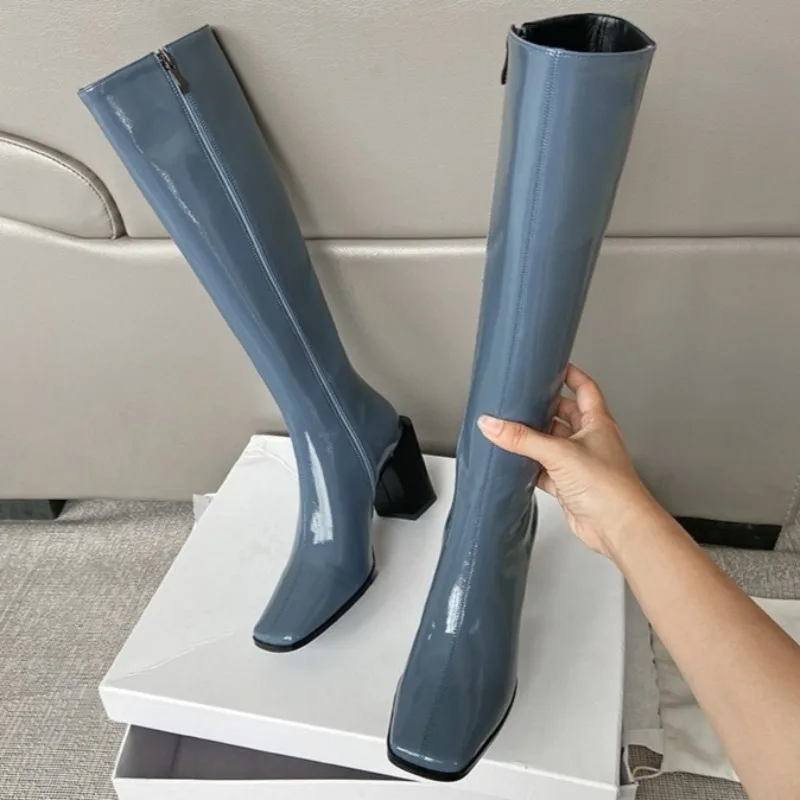 

Square Toe Boots Women's Summer and Autumn New Block Heel Thigh Boots Patent Leather Slim Leg Non-Knee Boots