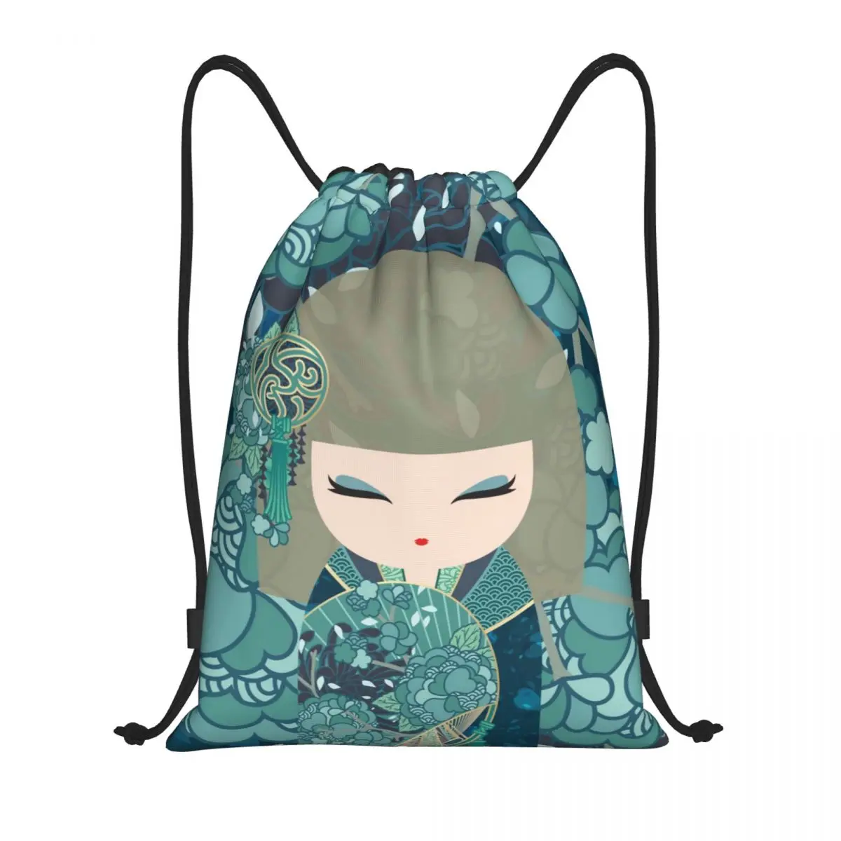 Kokeshi Doll Cherry Blossoms Drawstring Backpack Women Men Sport Gym Sackpack Foldable Japanese Girl Art Training Bag Sack