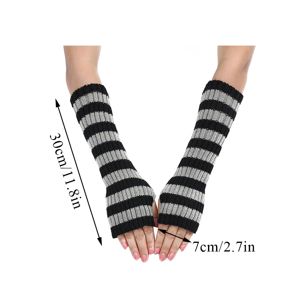 Winter Knitted Arm Sleeve Covers Women\'S Striped Long Fingerless Gloves Wool Knitting Wrist Arm Warmer Punk Gothic Elbow Mittens