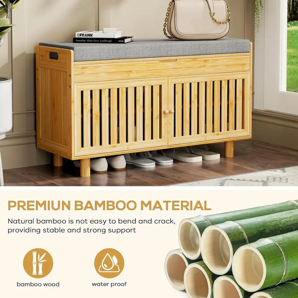 Banco de entrada de bambu de duas portas com assento acolchoado e armazenamento superior para sapatos, sala de estar, quarto - acabamento natural
