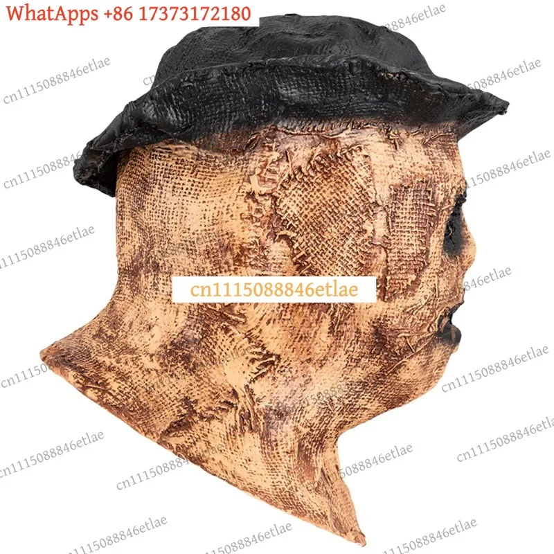 k3 Spooky Stitched Burlap Horror Latex Mask Full Face Scarecrow for Halloween Cosplay Escape Room NPC