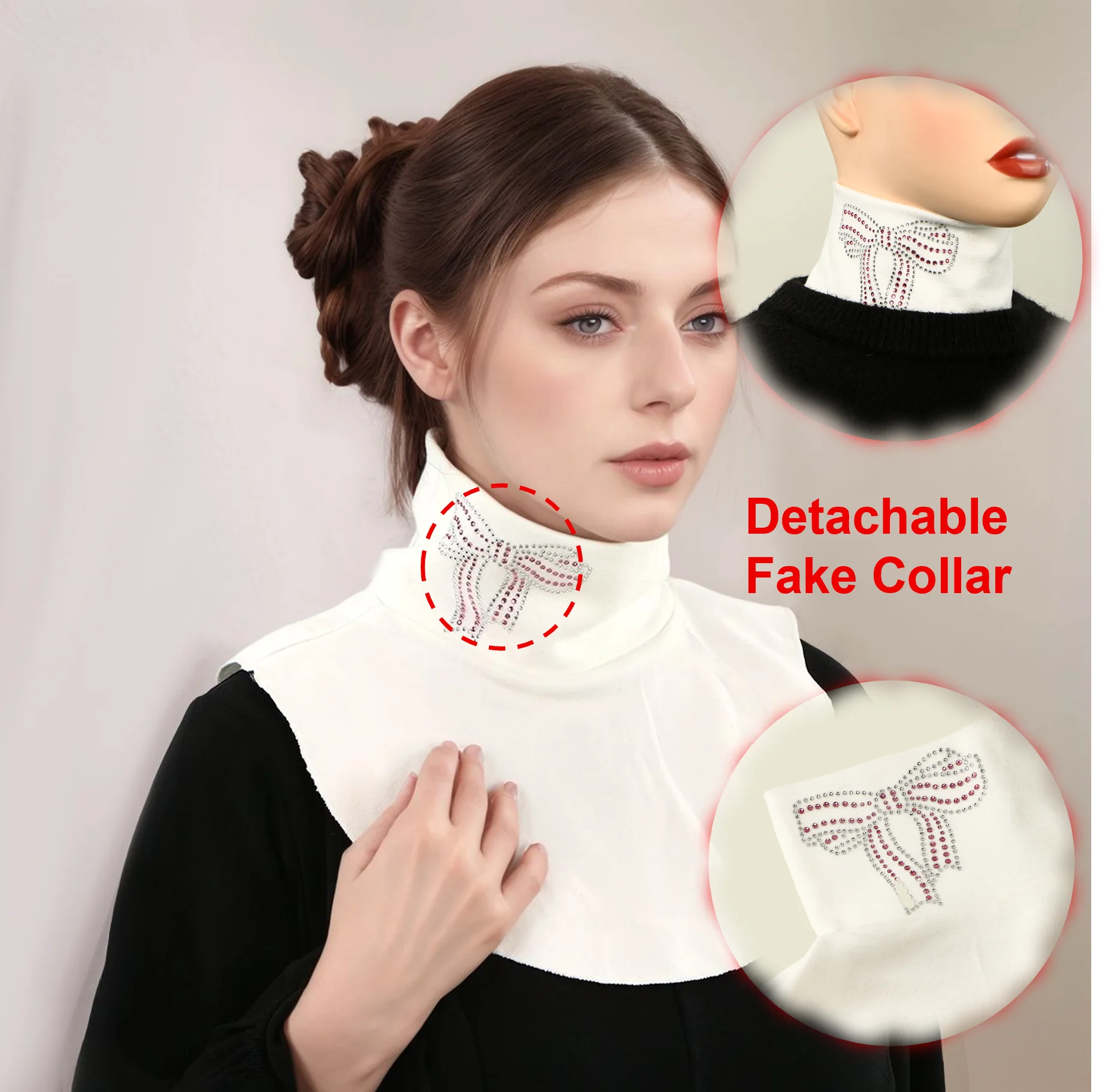 Women Detachable Fake Collar with Bow Rhinestone Autumn Winter Windproof Neck Warmer False Collar Ideal Under Hijab Turtleneck