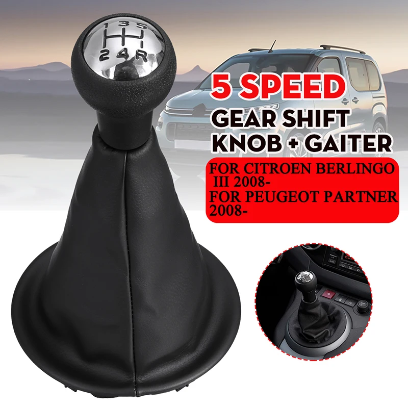 5 Speed Gear Shift Knob with Gaiter For Citroen Berlingo Peugeot Partner 2008-2021 PU Leather Anti-Dust Interior Cover