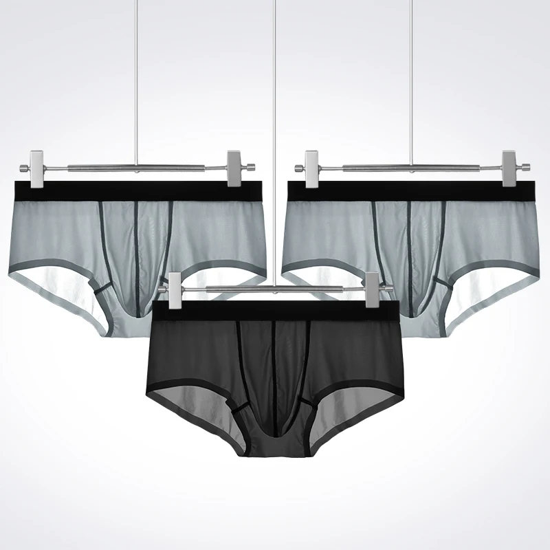 3 قطع ملابس داخلية للرجال: سراويل داخلية صيفية رفيعة للغاية من الحرير الجليدي بدون خياطة للرجال، شورت شفاف للرجال