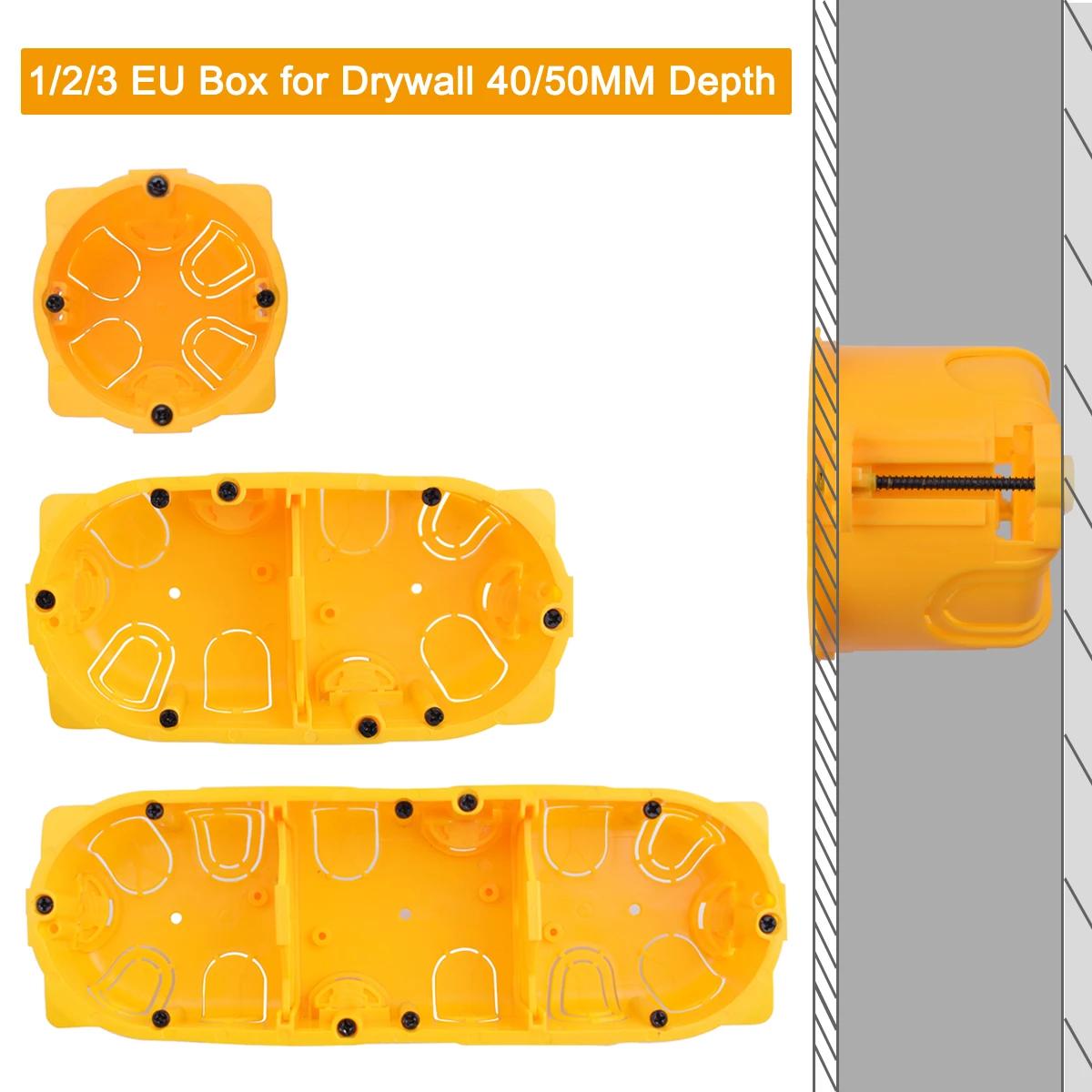 Boîte de doublure sèche à 1 bouton pour panneaux de plâtre/cloisons sèches/Plasterboad/downlight, interrupteur de profondeur 40/50mm/Cassette de prise, matériau PC ignifuge