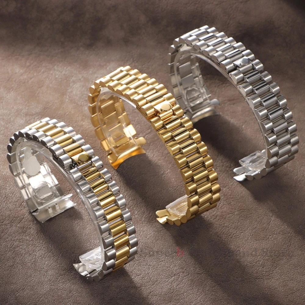 Pulseira de metal sólido de 20 mm para Rolex com extremidade curvada pulseira de aço inoxidável para fivela presidencial de ostra para homens prata ouro