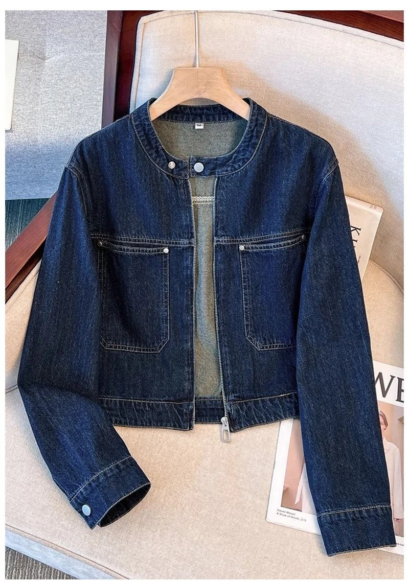 Round Neck Denim Jacket, Women's Short Style, New for Spring and Autumn 2026, Dark Blue Loose Denim Zipper Cardigan, Thin Jacket