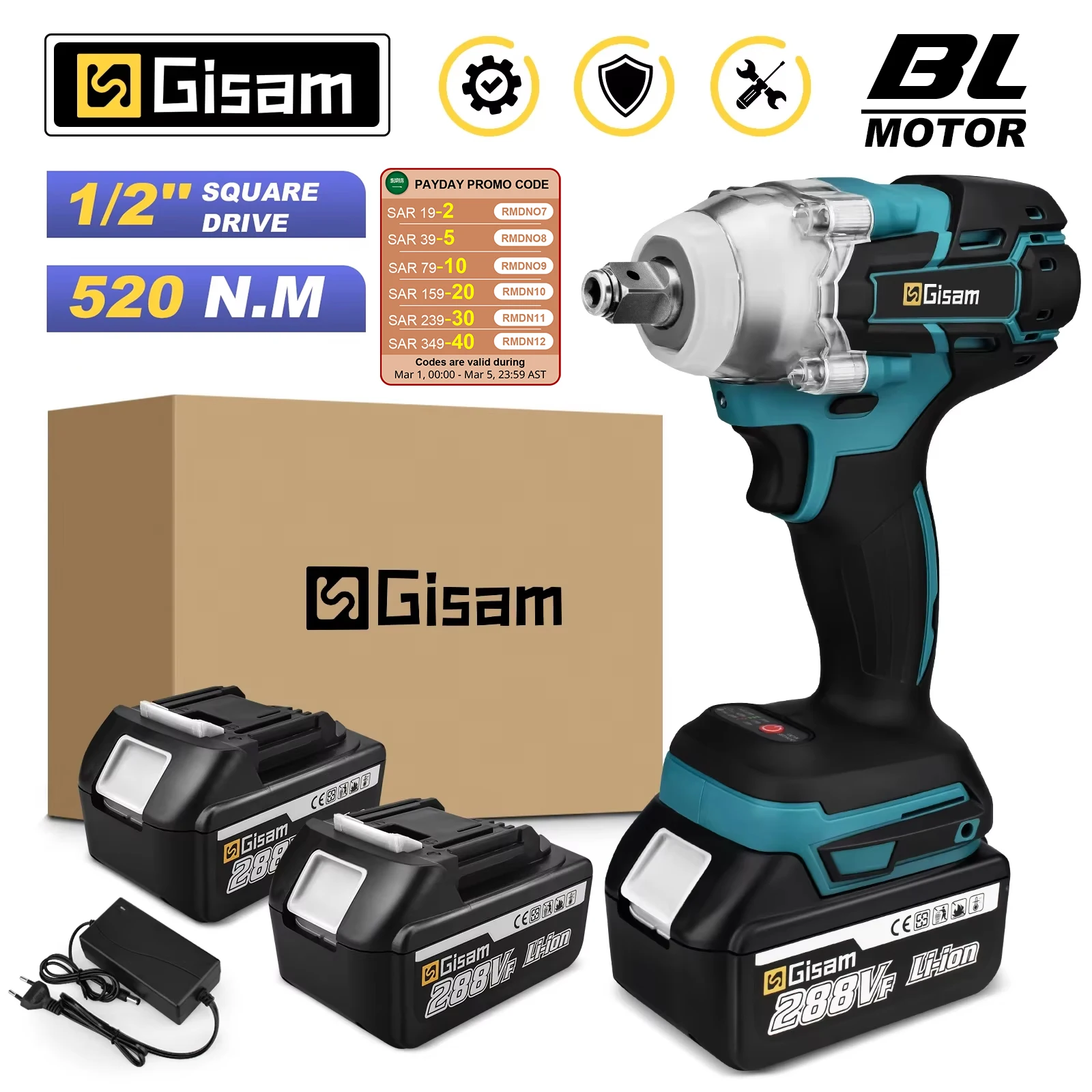 Gisam 520N.M ブラシレス電動インパクトレンチコードレス電動レンチ 1/2 インチマキタ 18V バッテリードライバー電動工具用