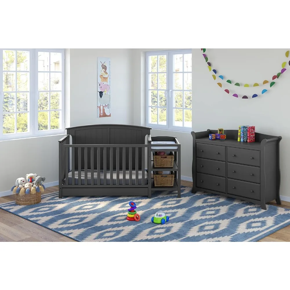 5-in-1 Convertible Crib and Changer with Drawer (Gray) – GREENGUARD Gold Certified, Crib and Changing Table Combo with Drawer