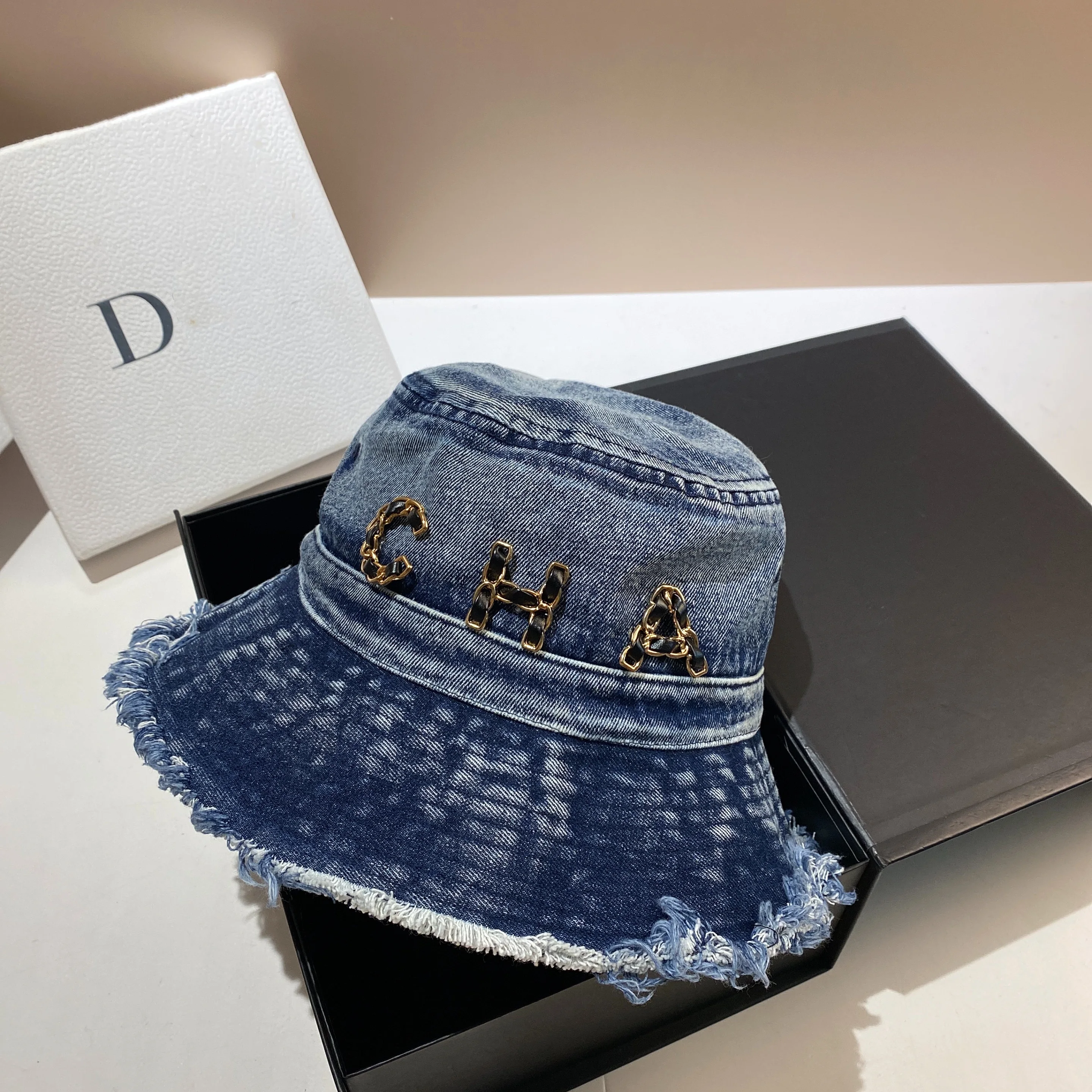 CHA letter washed denim fisherman hat fashion fringed large brim casual pot hat spring and summer travel visor hat