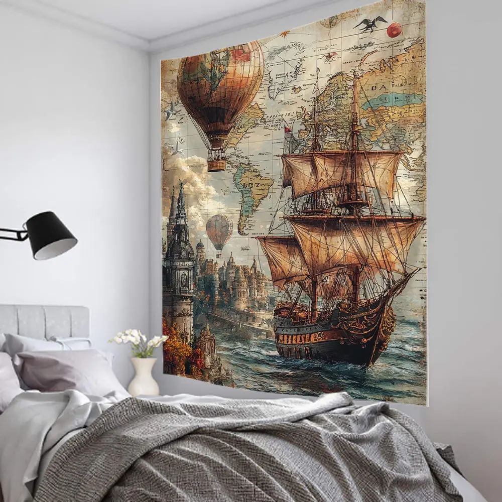 European medieval ancient navigation map, sailing ship background decoration, tapestry, home background wall decoration