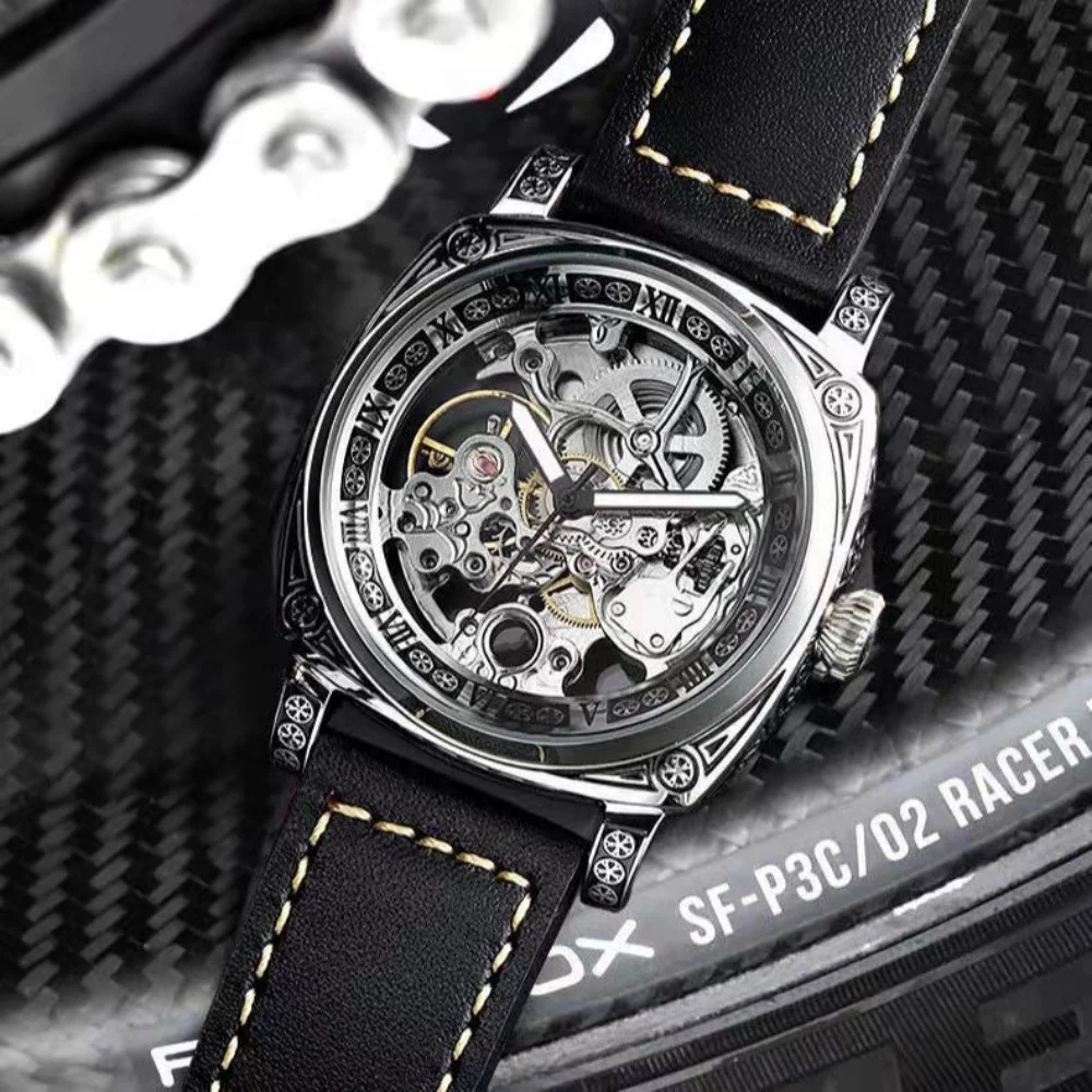 Military-Style High-End Luxury Men's Mechanical Watch, Automatic Winding, Skeleton Design, High-End Feel, Light Luxury, Fashionable, Business Casual, Versatile, Stylish, Cool, Handsome, Trendy, Social Guy's Watch, Mechanical Watch, European, American, Japanese, and Korean Style, the Best Gift for Your Boyfriend