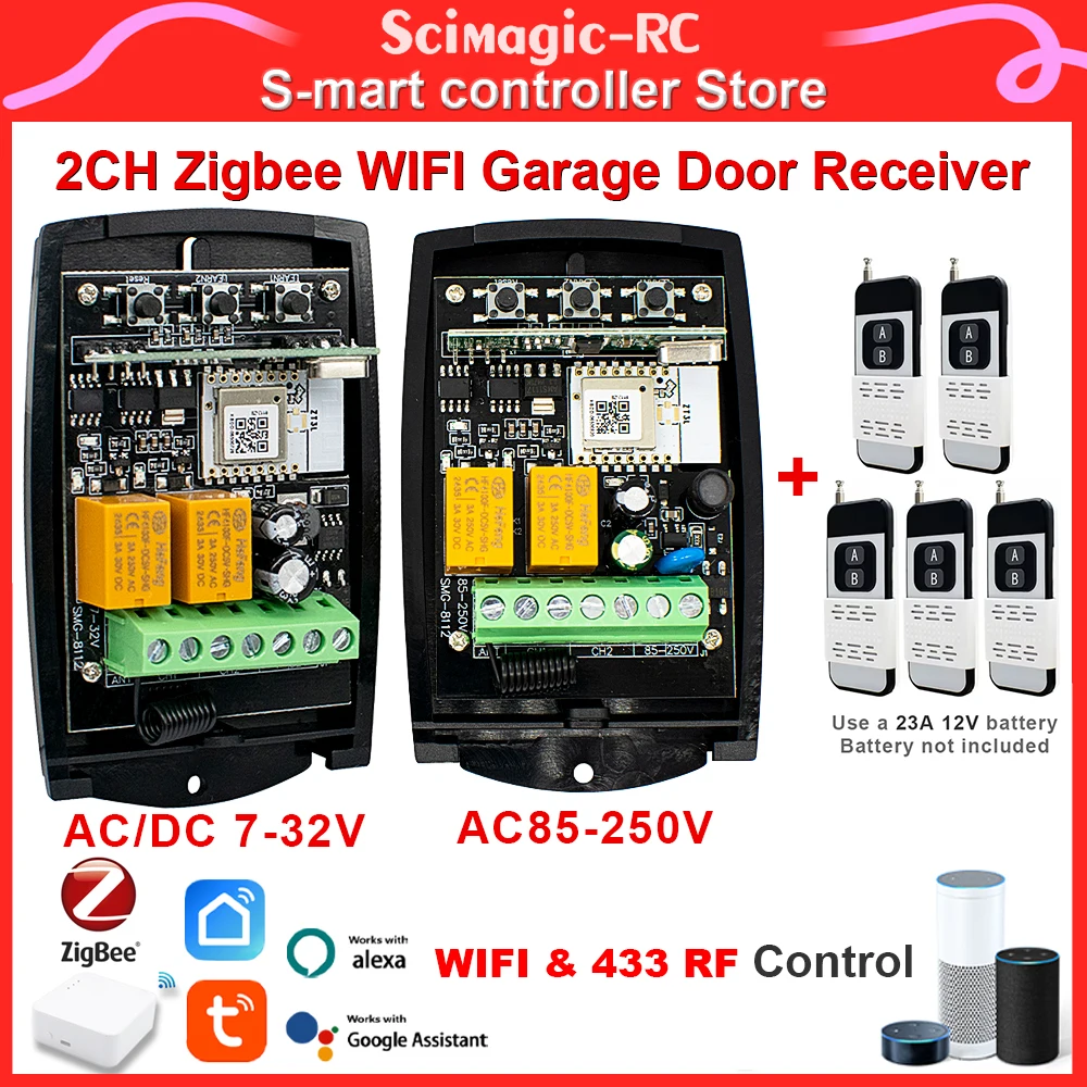 Tuya Zigbee WiFi Smart Switch Garage Door Module Use with SmartLife APP Alexa and 433MHZ Fixed / Rolling Code RF Remote Control