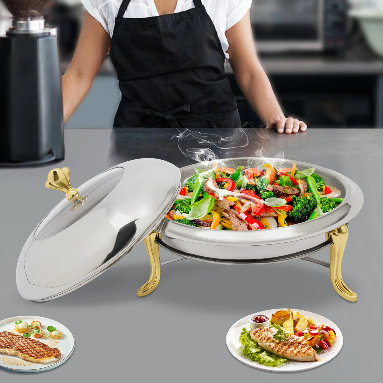 

Stainless Steel Hot Pot Buffet Stove Round Without Ear, Dry Warmer Chafing Dish Kitchen Set with Glass Viewing Lid (Golden 24cm)