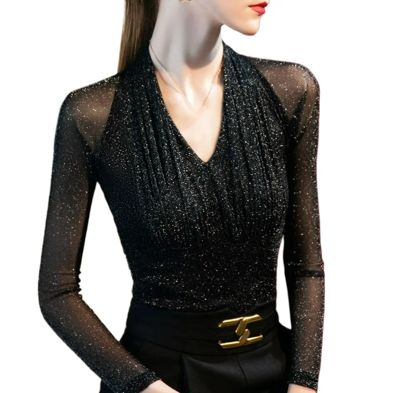 

Sexy Stylish Versatile Mesh Long Sleeved Base T-shirt for Women's 2026 Autumn New French Style Fashionable Slimming Inner Top