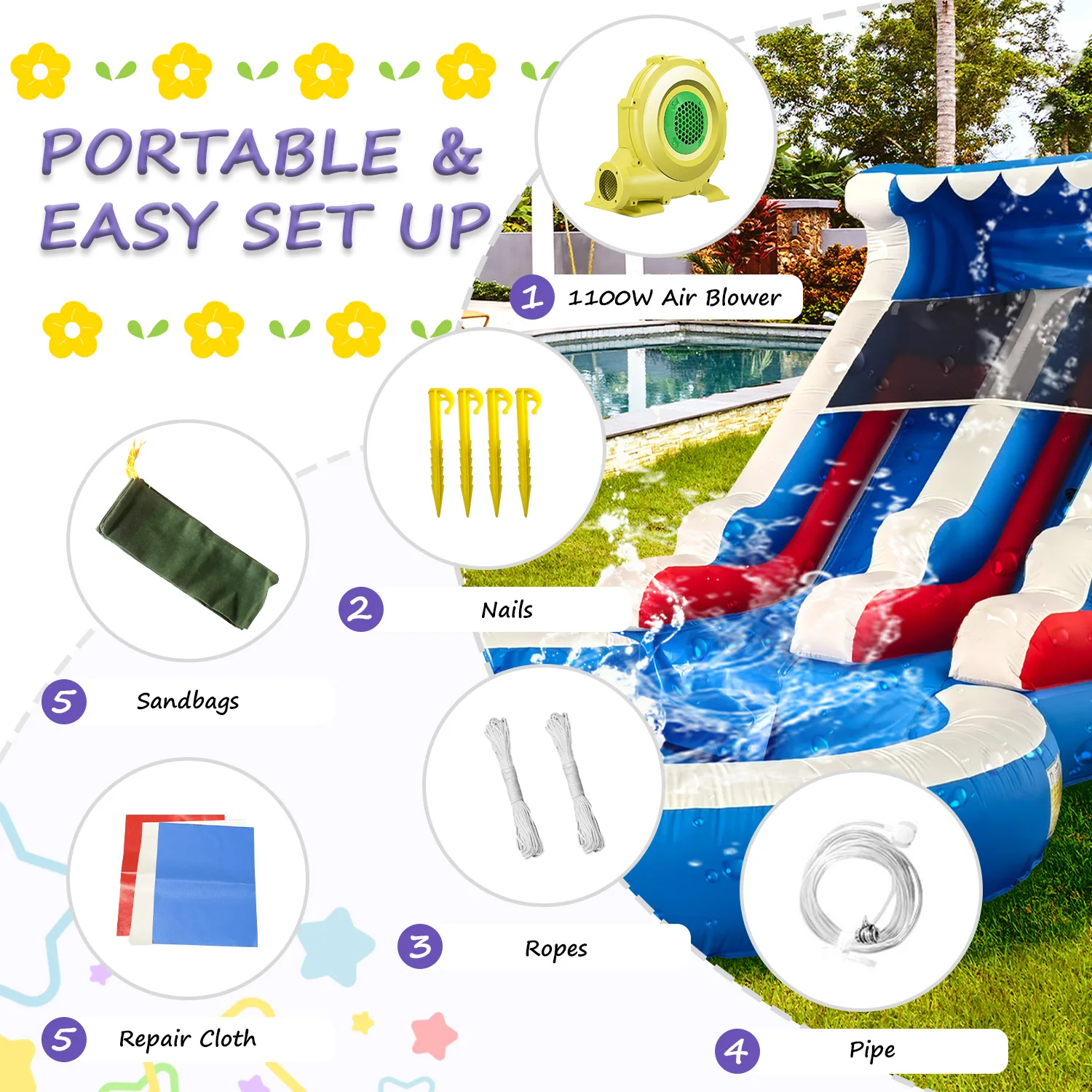 Commercial Inflatable Bounce House for Kids, Bouncy Castle with Slide Blower, Outdoor Garden Backyard Jump Bouncer Games, 24ft