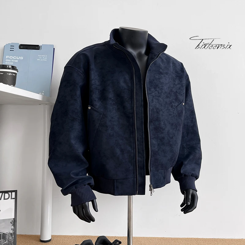 سترة جلدية كاجوال للرجال بياقة واقفة على الطراز الأمريكي، سترة رجالية عصرية للدراجات النارية #3