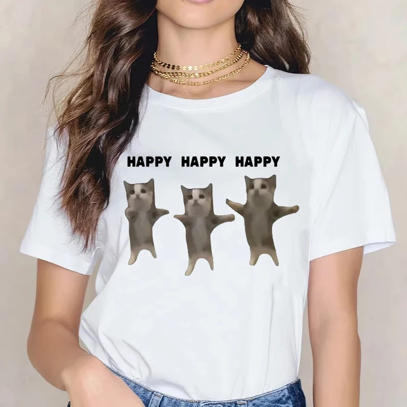 

Funny Cute Cat Meme Graphic T Shirt Happy Dance Cat Print Short Sleeve T-shirt Casual Fashion Harajuku Summer Unisex Clothes Top