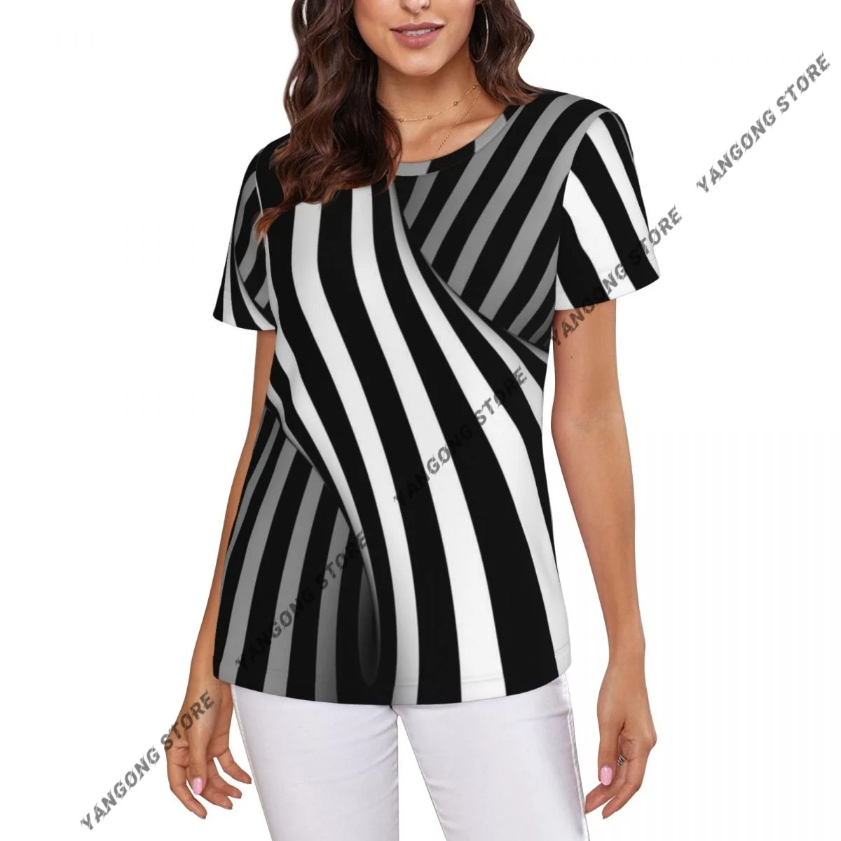 Womens Short Sleeve Abstract Swirl Casual Tee Clothing Crewneck Woman T-Shirts