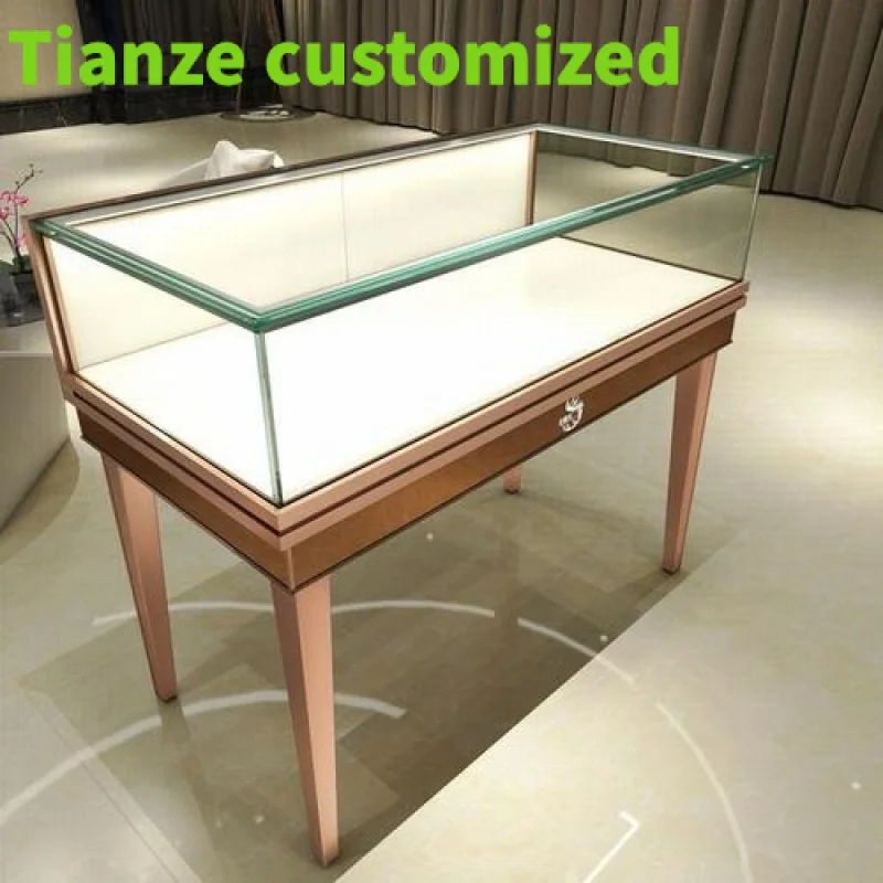 

Customized-Factory direct sales jewelry shop cabinets display counter golden showcases glass display jewelry store furniture