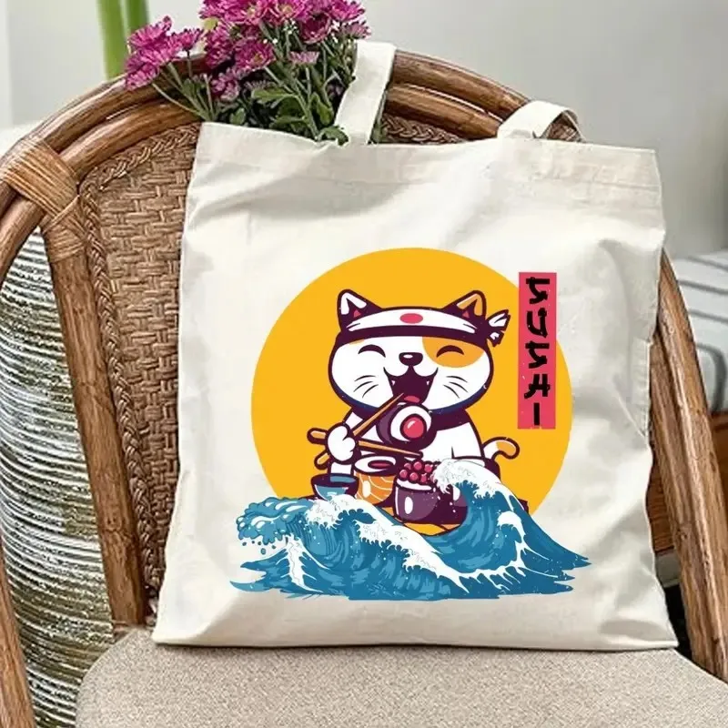 

Сумка-тоут из холста в японском стиле «Манэки-нэко» с милым котом, идеально подходит для пикников, вечеринок и путешествий, аксессуар для пикника 2026 года